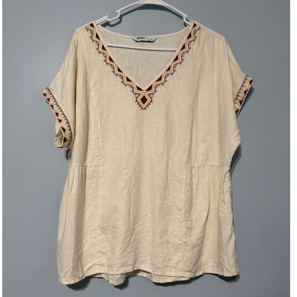 Sonoma Goods For Life Women's L Linen Blend Embroidered V-Neck Peplum Top Ivory